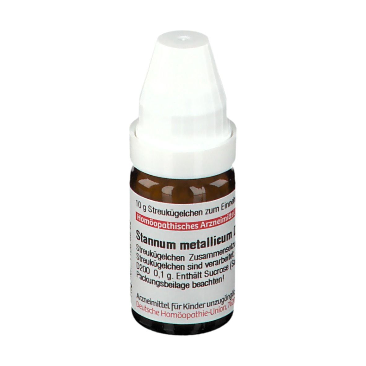 Braune Glasflasche mit weißem Deckel. Beschriftung: Stannum metallicum D 200, DHU. Homöopathisches Arzneimittel.