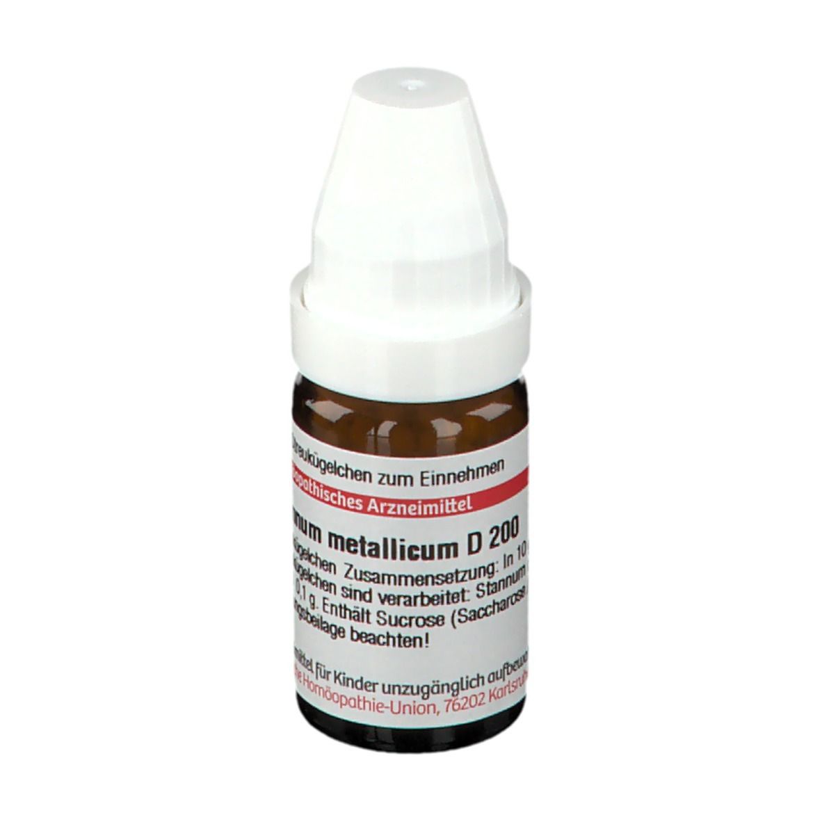 Braune Glasflasche mit weißem Deckel. Beschriftung: Stannum metallicum D 200, DHU. Homöopathisches Arzneimittel.