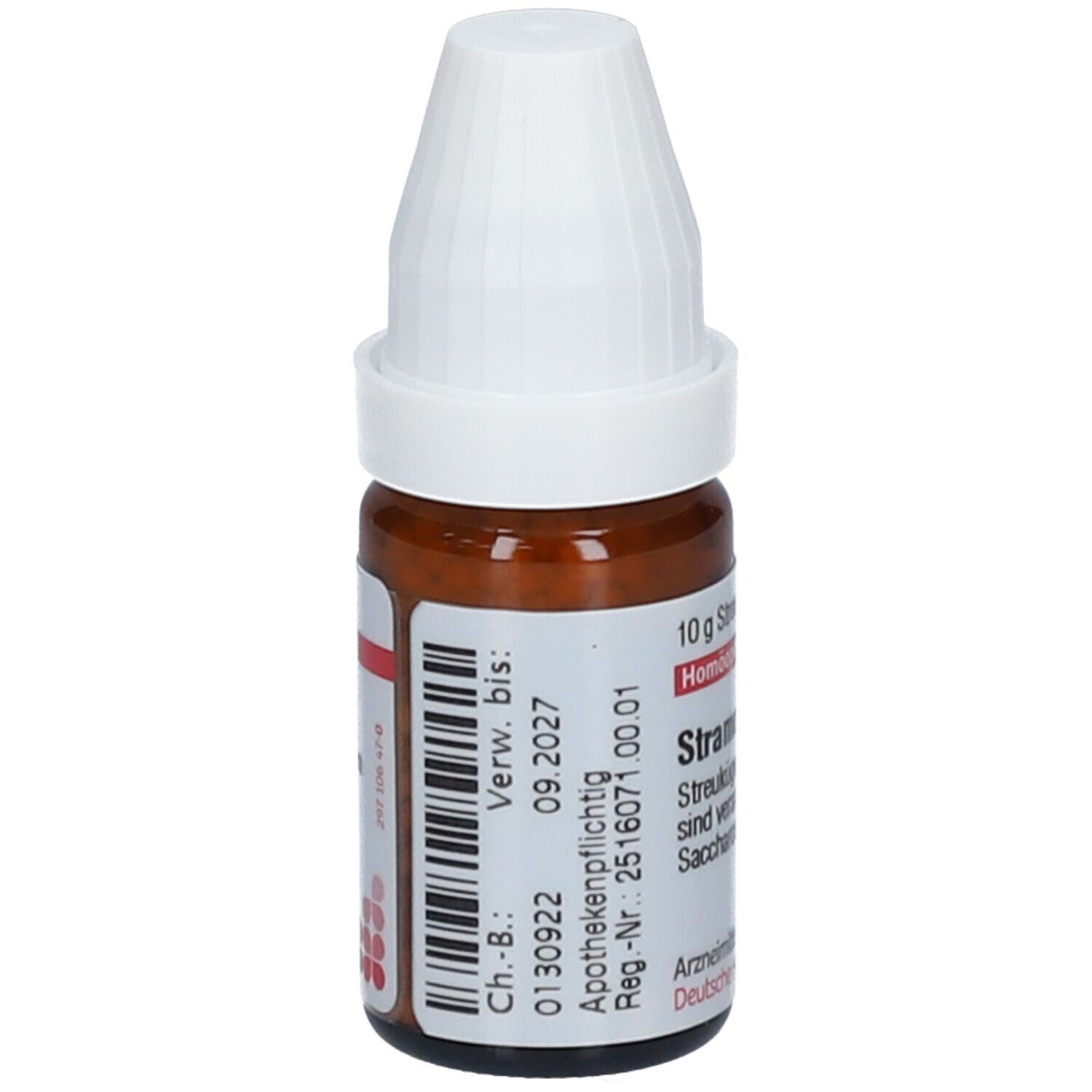 Braune Glasflasche mit weißem Deckel. Beschriftung: Stramonium C 1000, Streukügelchen. Barcode und Verfallsdatum.