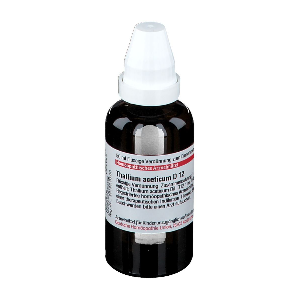 Braune Glasflasche mit weißem Schraubverschluss. Etikett mit Produktinformationen. DHU Thallium aceticum D12.