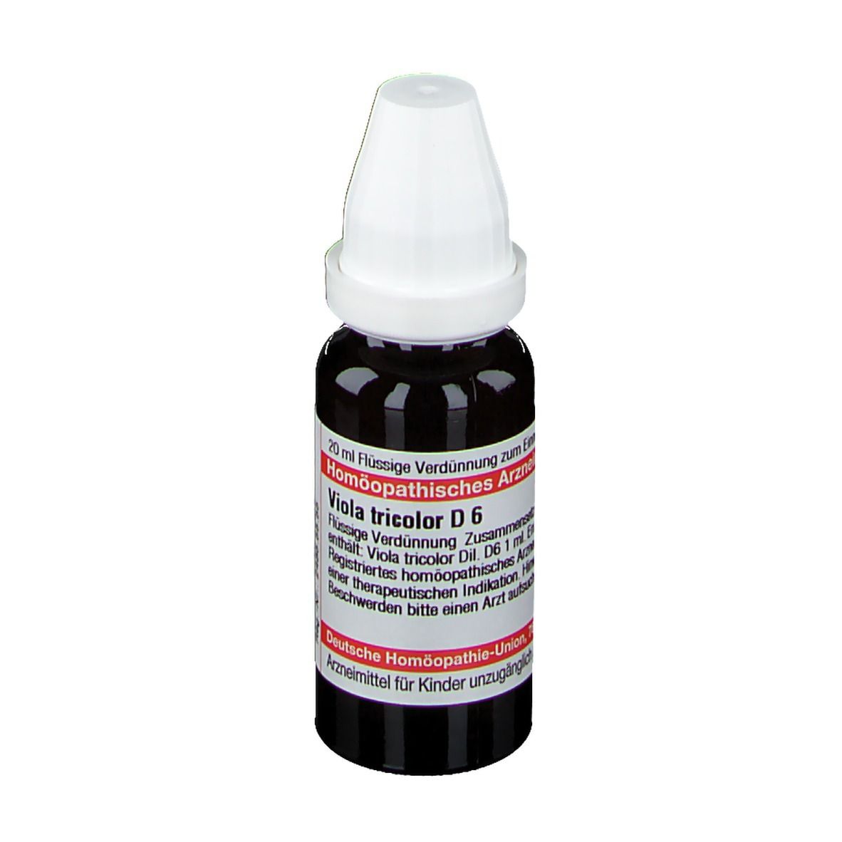 Braune Flüssigkeit in einer Tropfflasche mit weißem Verschluss. Aufschrift: Viola tricolor D6, Deutsche Homöopathie-Union.