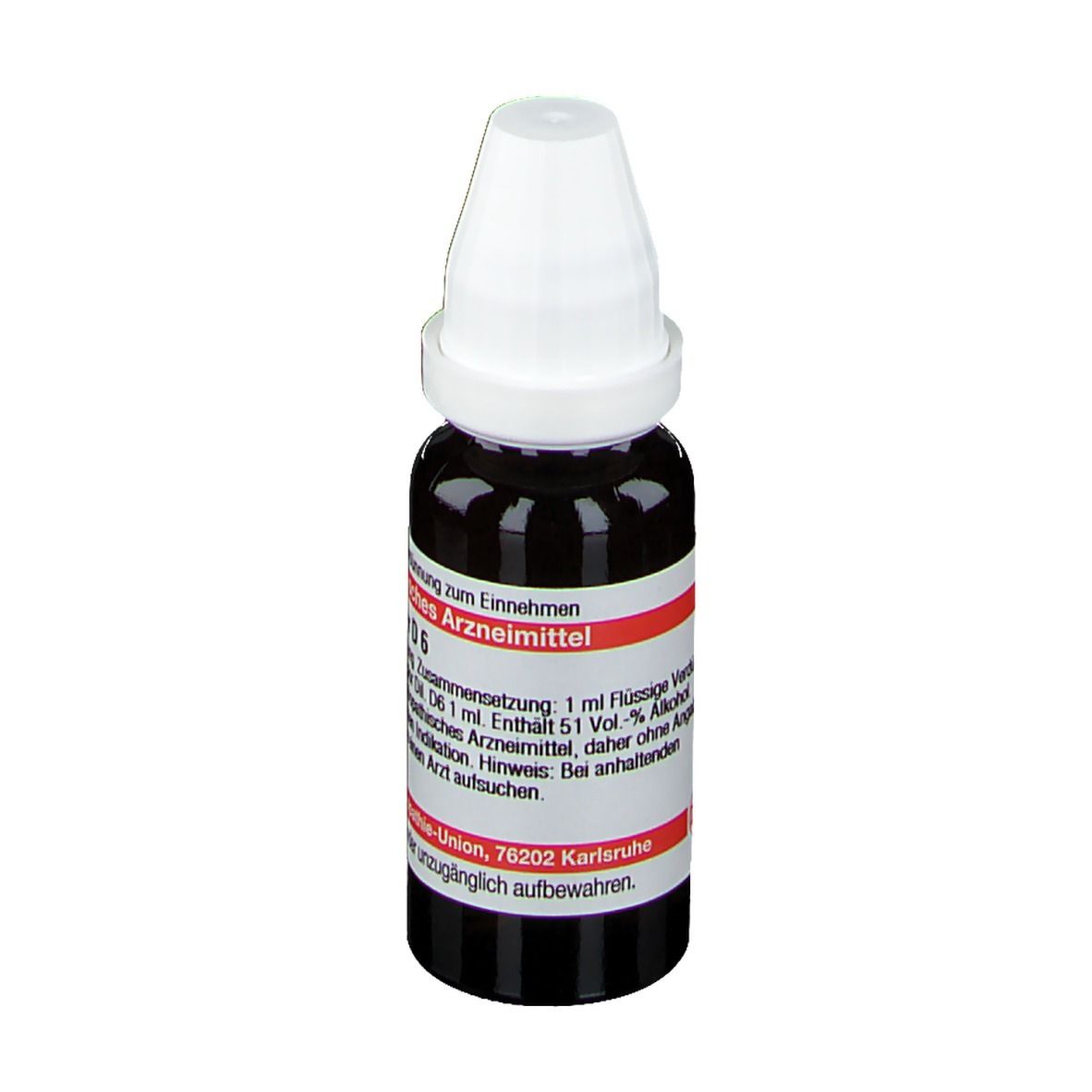 Braune Flüssigkeit in einer Tropfflasche mit weißem Verschluss. Aufschrift: Viola tricolor D6, Deutsche Homöopathie-Union.