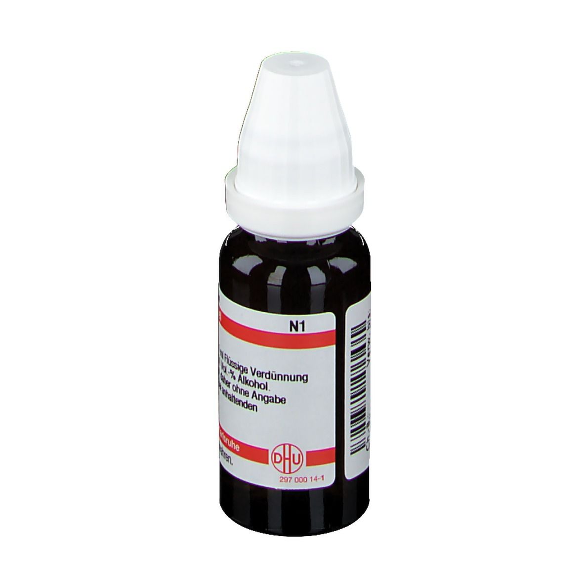 Braune Flüssigkeit in einer Tropfflasche mit weißem Verschluss. Aufschrift: N1, Deutsche Homöopathie-Union.
