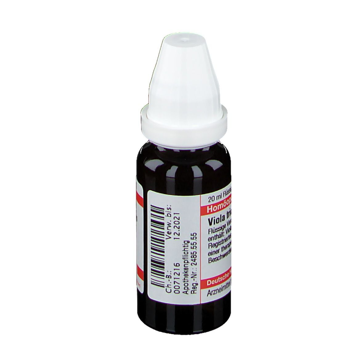 Braune Flüssigkeit in einer Tropfflasche mit weißem Verschluss. Aufschrift: Viola tricolor D6, Deutsche Homöopathie-Union.