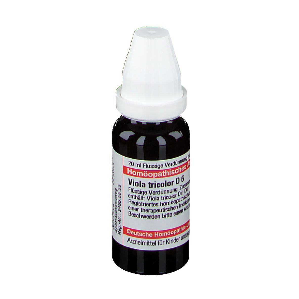 Braune Flüssigkeit in einer Tropfflasche mit weißem Verschluss. Aufschrift: Viola tricolor D6, Deutsche Homöopathie-Union.
