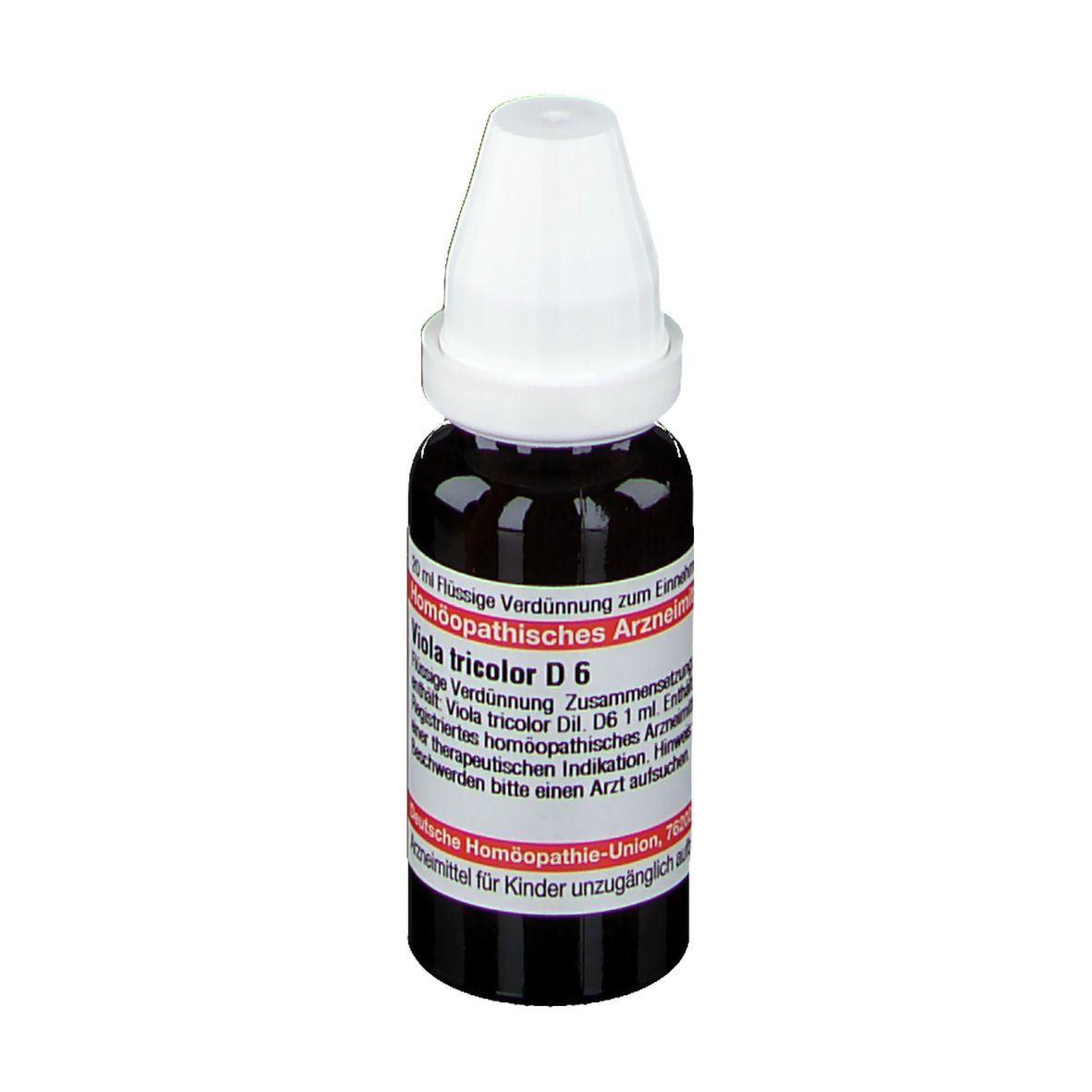 Braune Flüssigkeit in einer Tropfflasche mit weißem Verschluss. Aufschrift: Viola tricolor D6, Deutsche Homöopathie-Union.