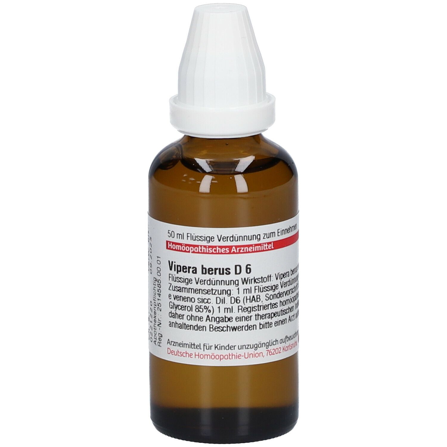 Braune Glasflasche mit weißem Verschluss. Beschriftung: Vipera berus D6, 50 ml flüssige Verdünnung. Deutsche Homöopathie-Union.