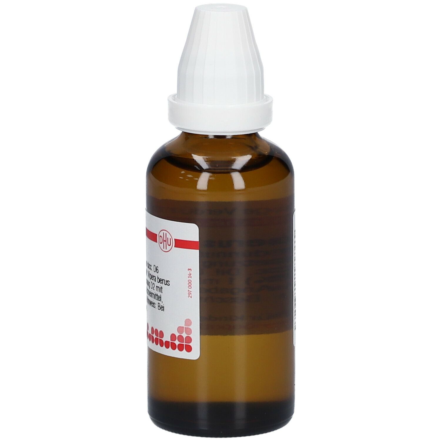 Braune Glasflasche mit weißem Verschluss. Etikett mit Text: Vipera berus D6. Rote Punkte. Deutsche Homöopathie-Union.