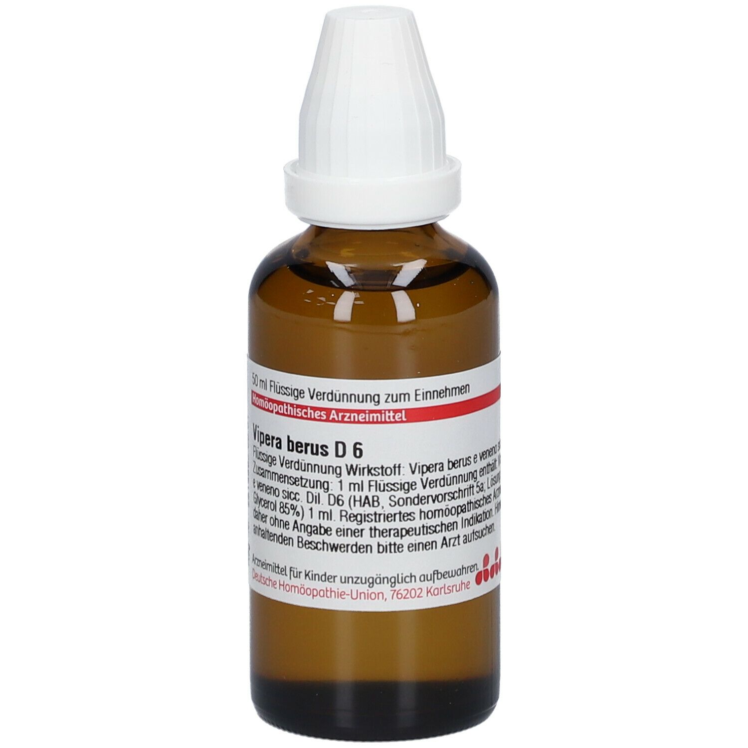Braune Glasflasche mit weißem Verschluss. Beschriftung: Vipera berus D6, 50 ml flüssige Verdünnung. Deutsche Homöopathie-Union.