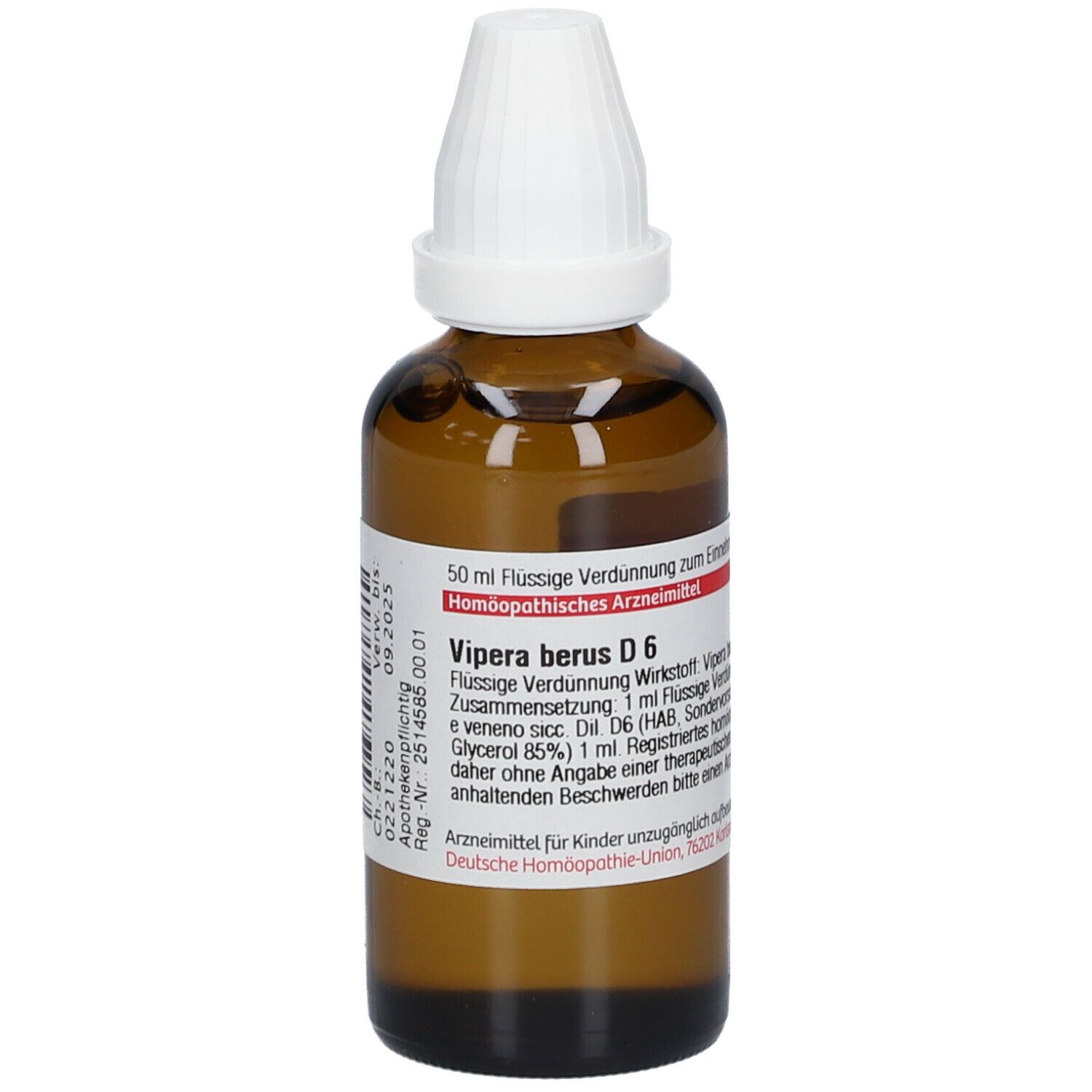 Braune Glasflasche mit weißem Verschluss. Beschriftung: Vipera berus D6, 50 ml flüssige Verdünnung. Deutsche Homöopathie-Union.
