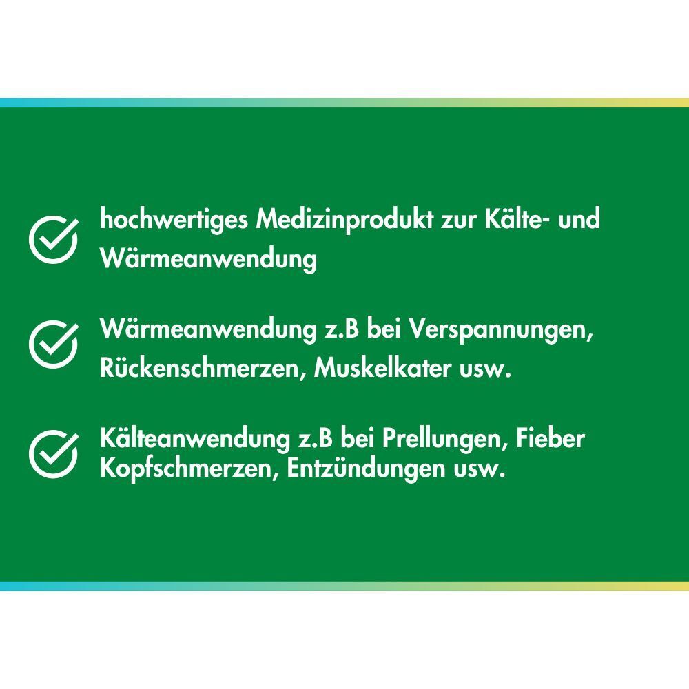 Hochwertiges Medizinprodukt zur Kälte- und Wärme Anwendung. Für Verspannungen, Prellungen, Fieber.