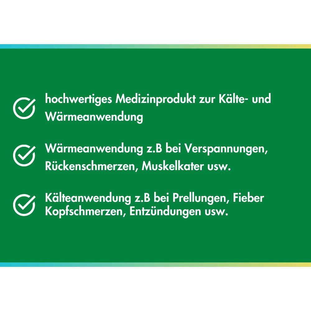 Hochwertiges Medizinprodukt zur Kälte- und Wärme Anwendung. Für Verspannungen, Prellungen, Fieber.