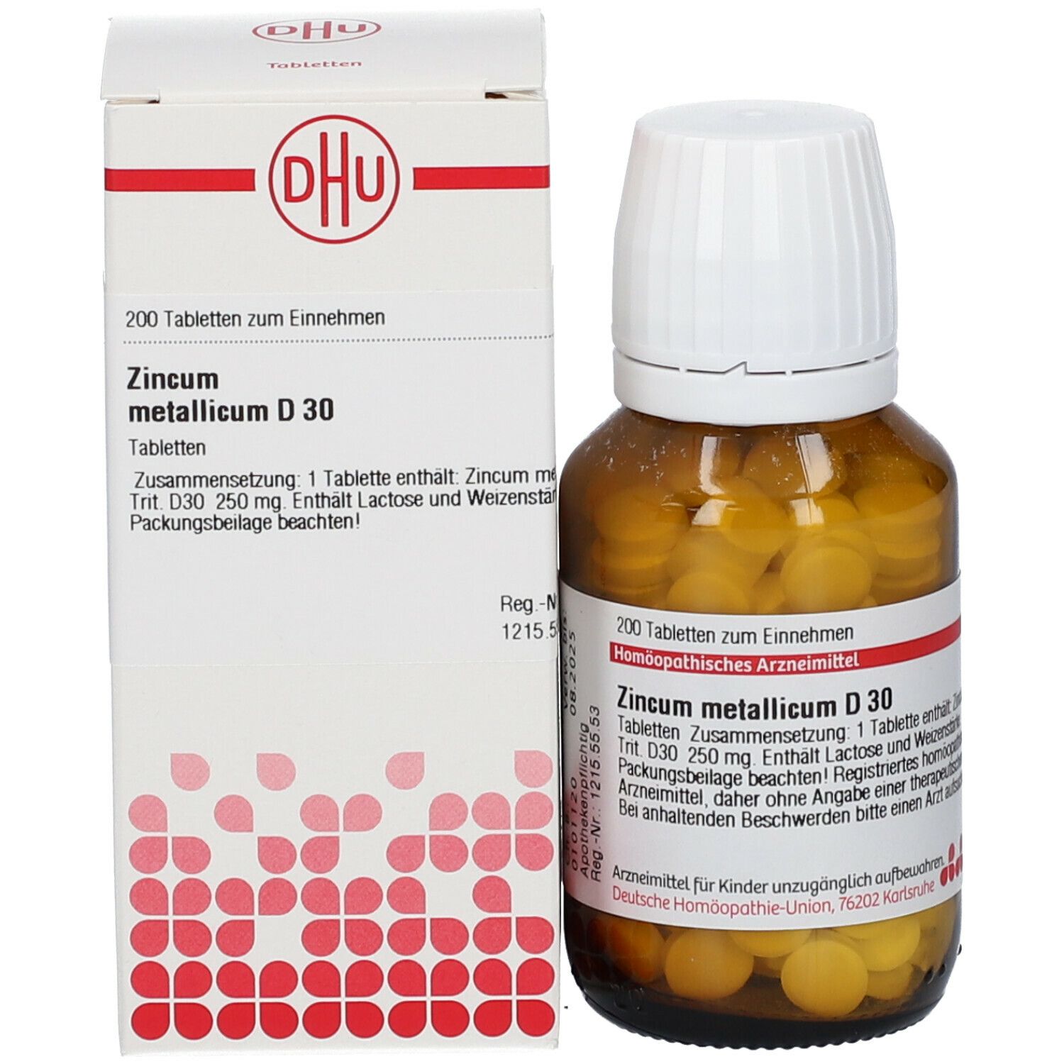 Braune Glasflasche und Schachtel. Auf der Schachtel: DHU Logo, 200 Tabletten, Zincum metallicum D30.
