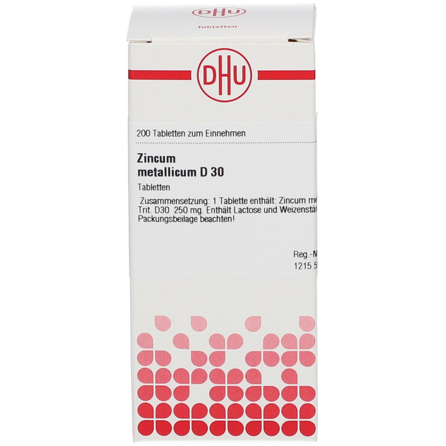 Weiße Schachtel mit DHU Logo. Beschriftung: 200 Tabletten, Zincum metallicum D30.