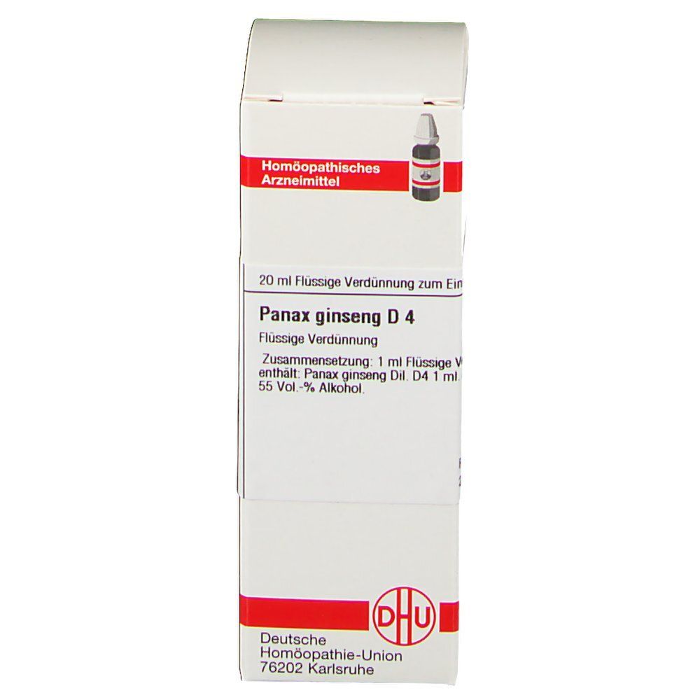 Weiße Schachtel mit roter Umrandung. Aufschrift: Panax ginseng D4, DHU Logo. Enthält eine Flasche.