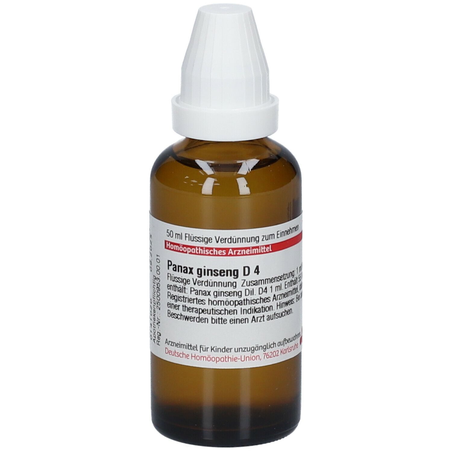 Braune Glasflasche mit weißem Verschluss. Beschriftung: Panax ginseng D4, 50 ml Flüssige Verdünnung. Homöopathisches Arzneimittel.