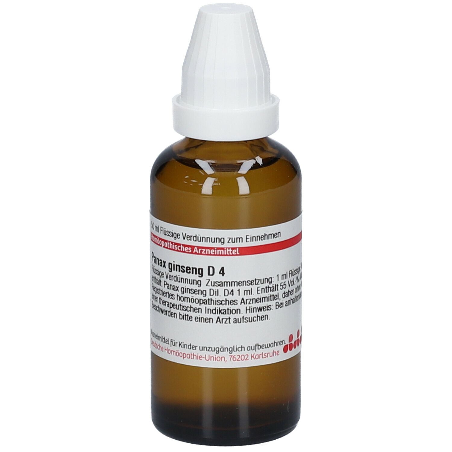 Braune Glasflasche mit weißem Verschluss. Beschriftung: Panax ginseng D4, 50 ml Flüssige Verdünnung. Homöopathisches Arzneimittel.