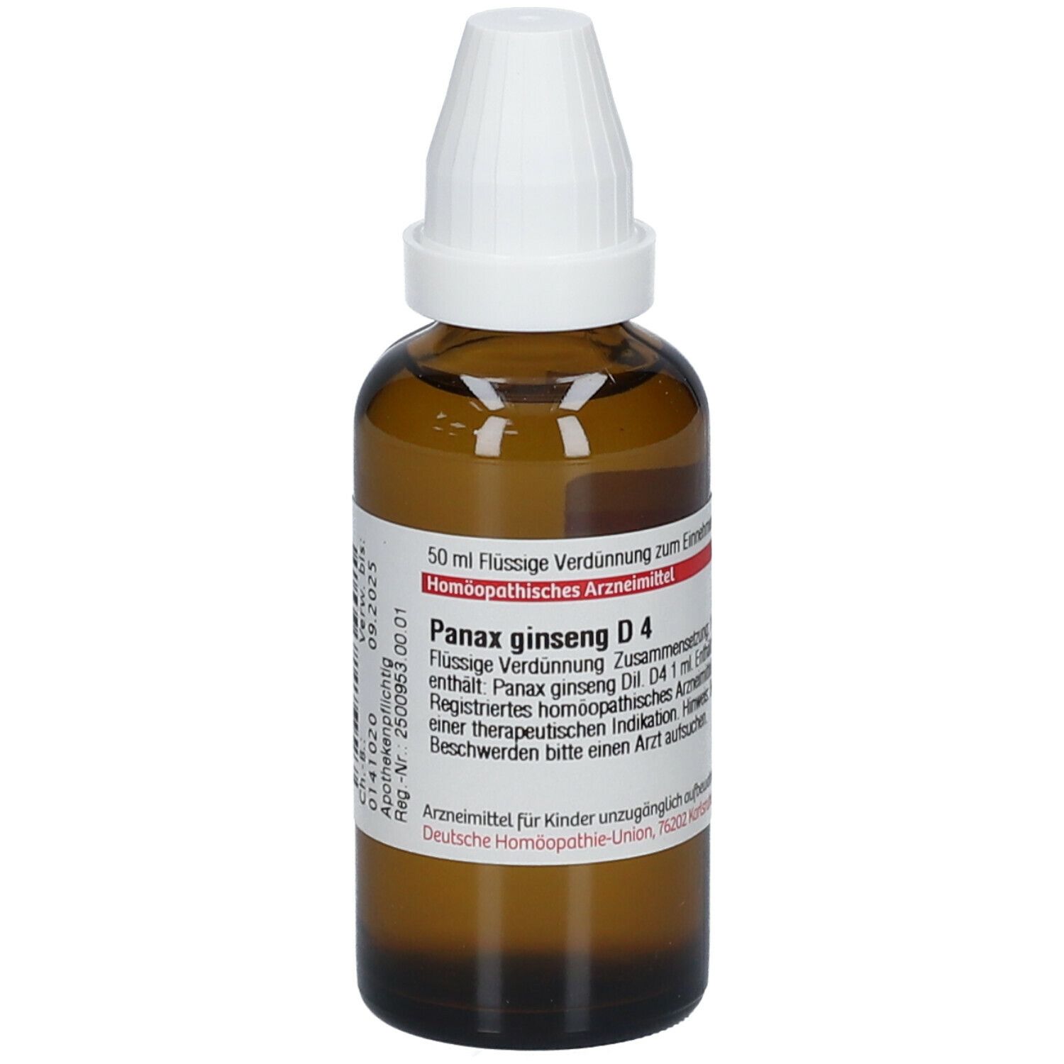 Braune Glasflasche mit weißem Verschluss. Beschriftung: Panax ginseng D4, 50 ml Flüssige Verdünnung. Homöopathisches Arzneimittel.