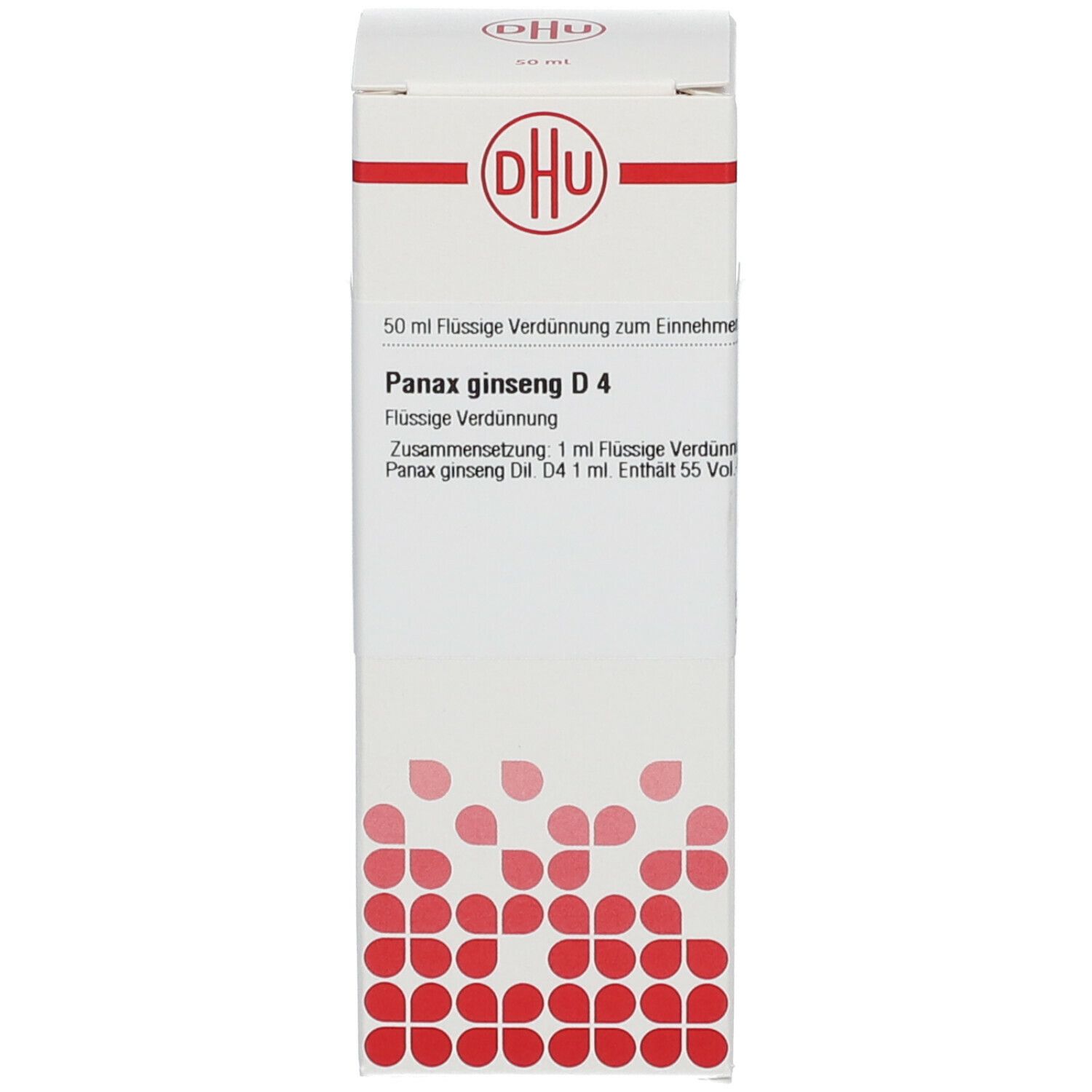 Weiße Schachtel mit rotem Muster und Beschriftung: DHU, Panax ginseng D4, 50 ml Flüssige Verdünnung. Homöopathisches Arzneimittel.