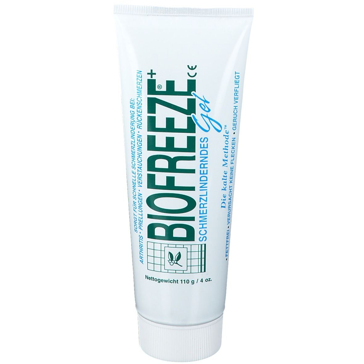 Weisse Tube mit grünem Aufdruck. Aufschrift: Biofreeze Gel. Enthält Informationen zu Inhaltsstoffen und Anwendung.