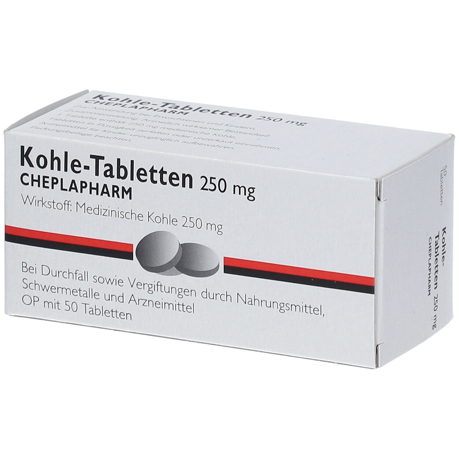 Weiße Schachtel mit Kohle-Tabletten 250 mg. Schwarze und rote Streifen. Zwei Tabletten abgebildet.