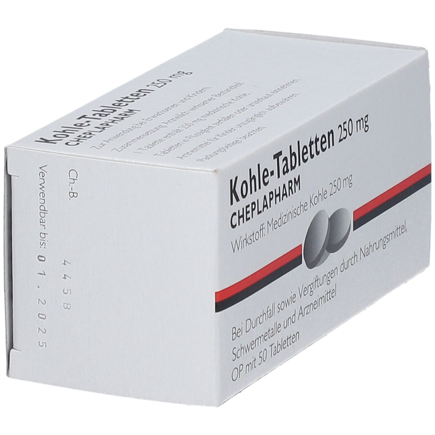 Weiße Schachtel mit Kohle-Tabletten 250 mg. Schwarze und rote Streifen. Zwei Tabletten abgebildet. Haltbarkeitsdatum.