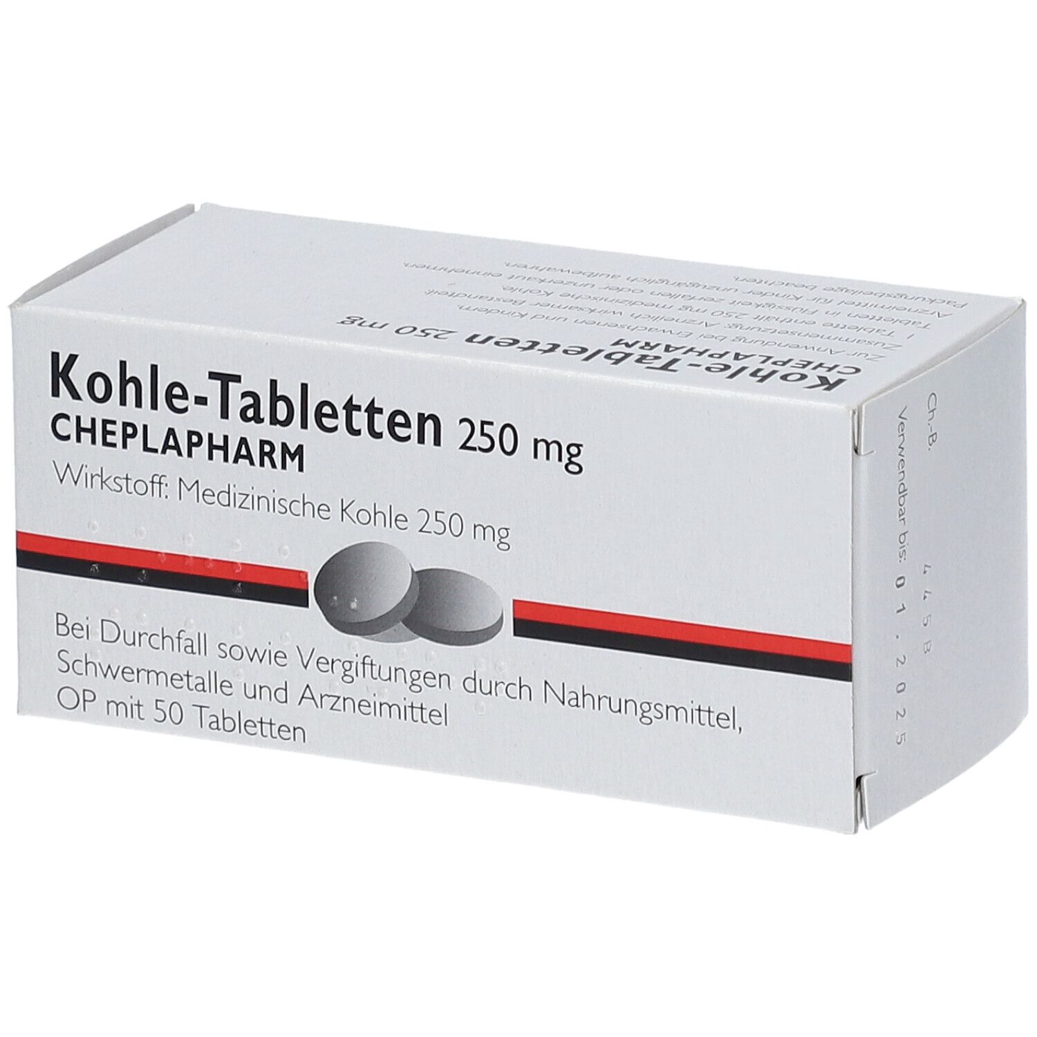 Weiße Schachtel mit Kohle-Tabletten 250 mg. Schwarze und rote Streifen. Zwei Tabletten abgebildet. Haltbarkeitsdatum.