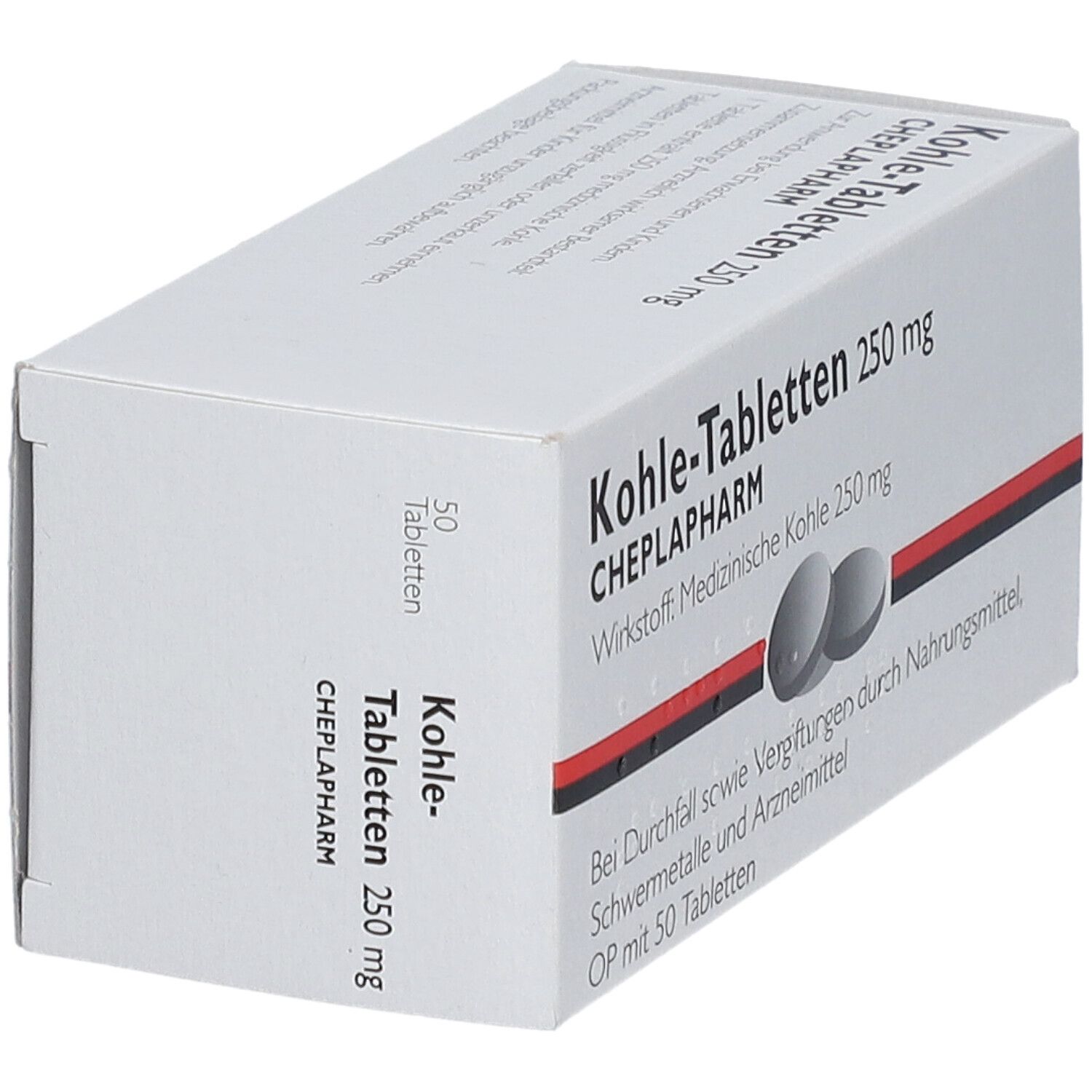 Weiße Schachtel mit Kohle-Tabletten 250 mg. Schwarze und rote Streifen. Zwei Tabletten abgebildet. 50 Tabletten.