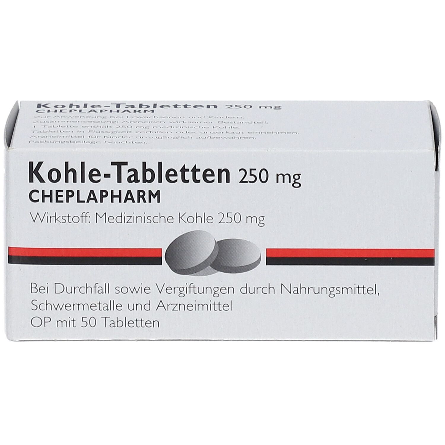 Weiße Schachtel mit Kohle-Tabletten 250 mg. Schwarze und rote Streifen. Zwei Tabletten abgebildet. 50 Tabletten.