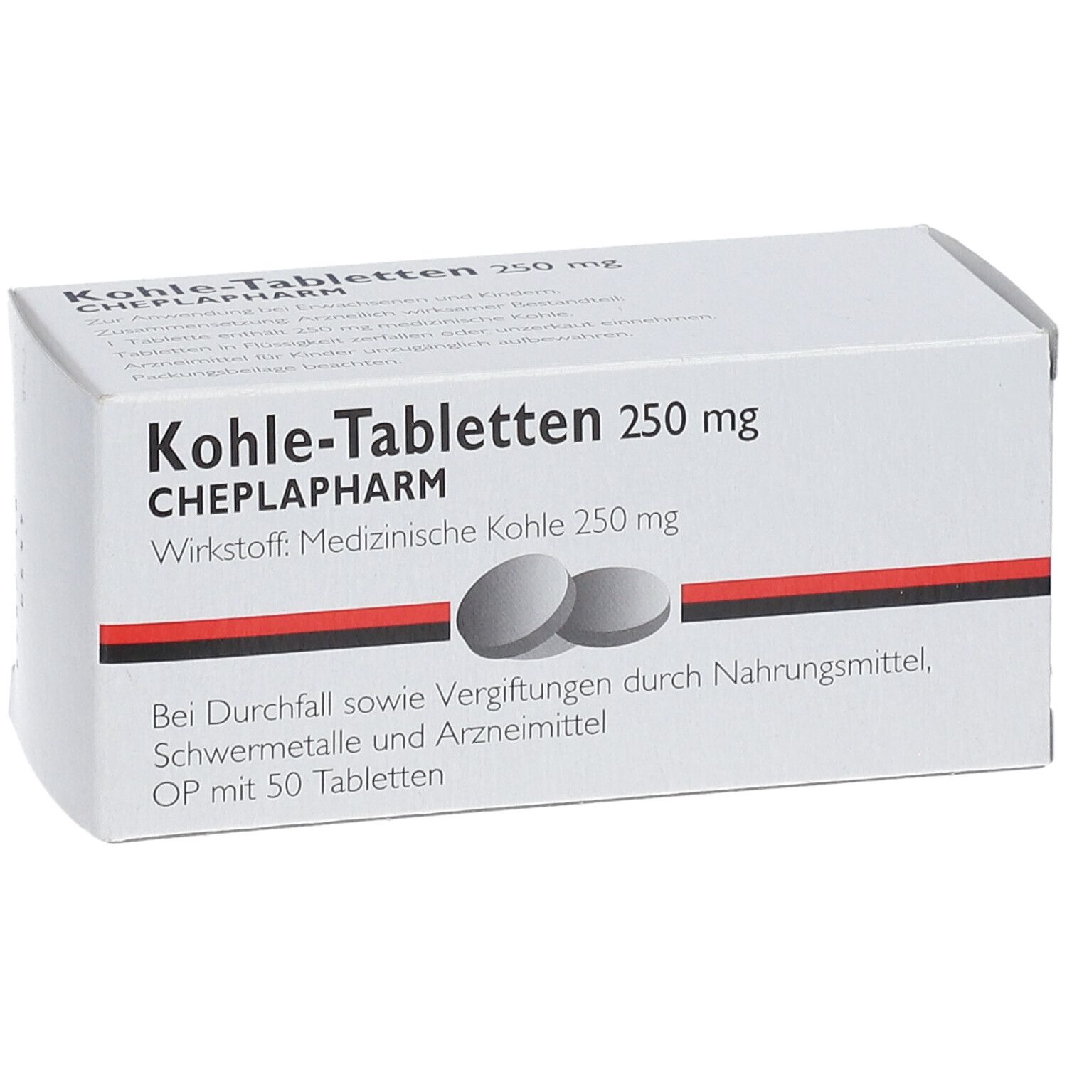 Weiße Schachtel mit Kohle-Tabletten 250 mg. Schwarze und rote Streifen. Zwei Tabletten abgebildet. 50 Tabletten.