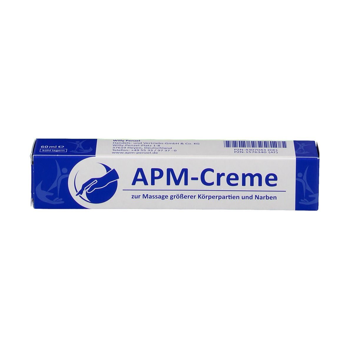 Blauer Karton mit weißer Schrift und Logo. Aufschrift APM-Creme. Text zur Massage größerer Körperpartien und Narben.