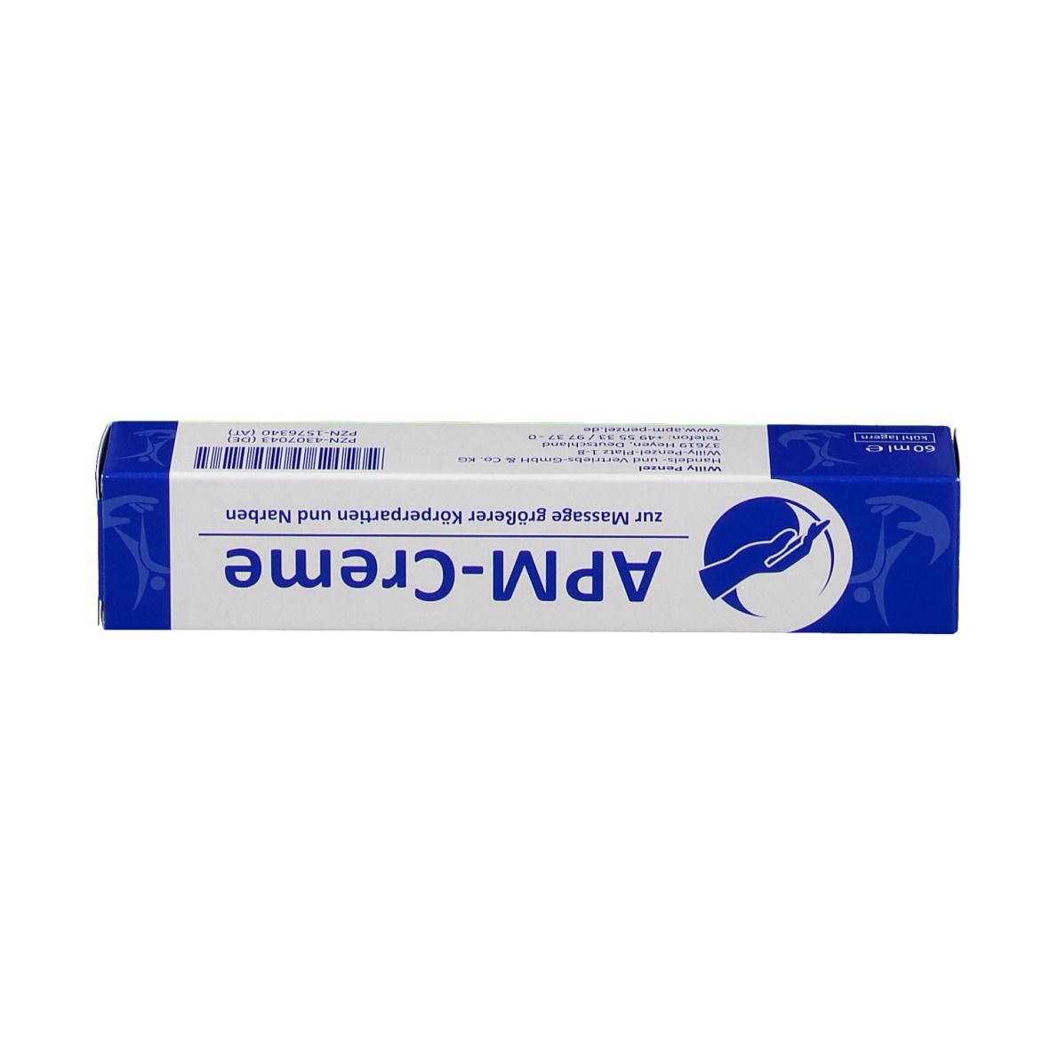 Karton, blau mit weißer Schrift und Logo. Aufschrift APM-Creme. Text zur Massage größerer Körperpartien und Narben.