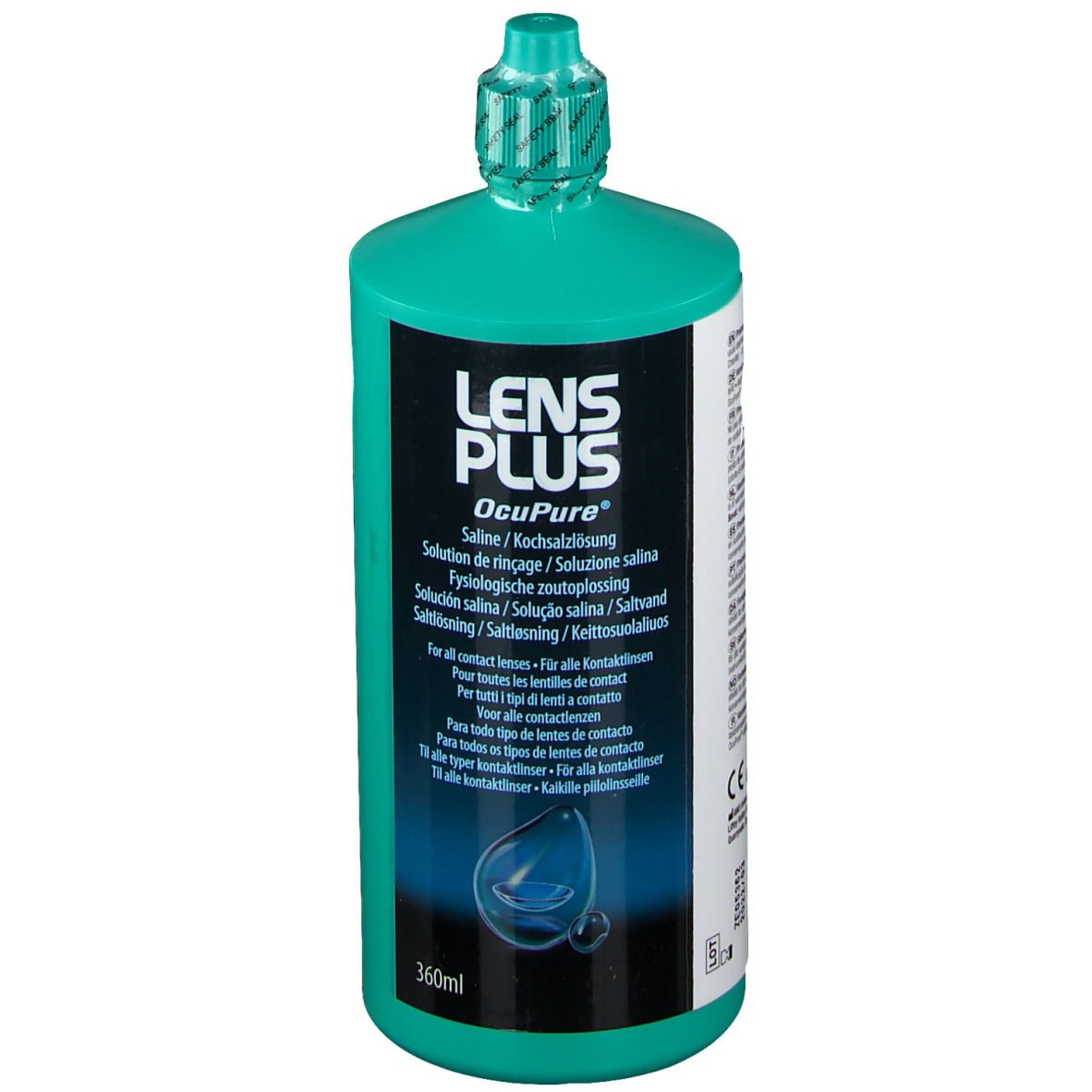 Grüne Flasche mit LENS PLUS OcuPure Kochsalzlösung. Aufschrift: Saline, 360ml. Mit grünem Verschluss.