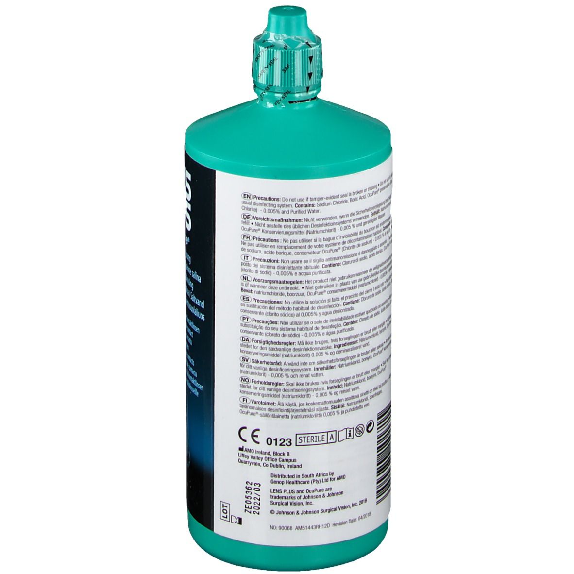 Rückseite der grünen Flasche LENS PLUS OcuPure. Text mit Inhaltsstoffen und Anweisungen. CE-Zeichen.