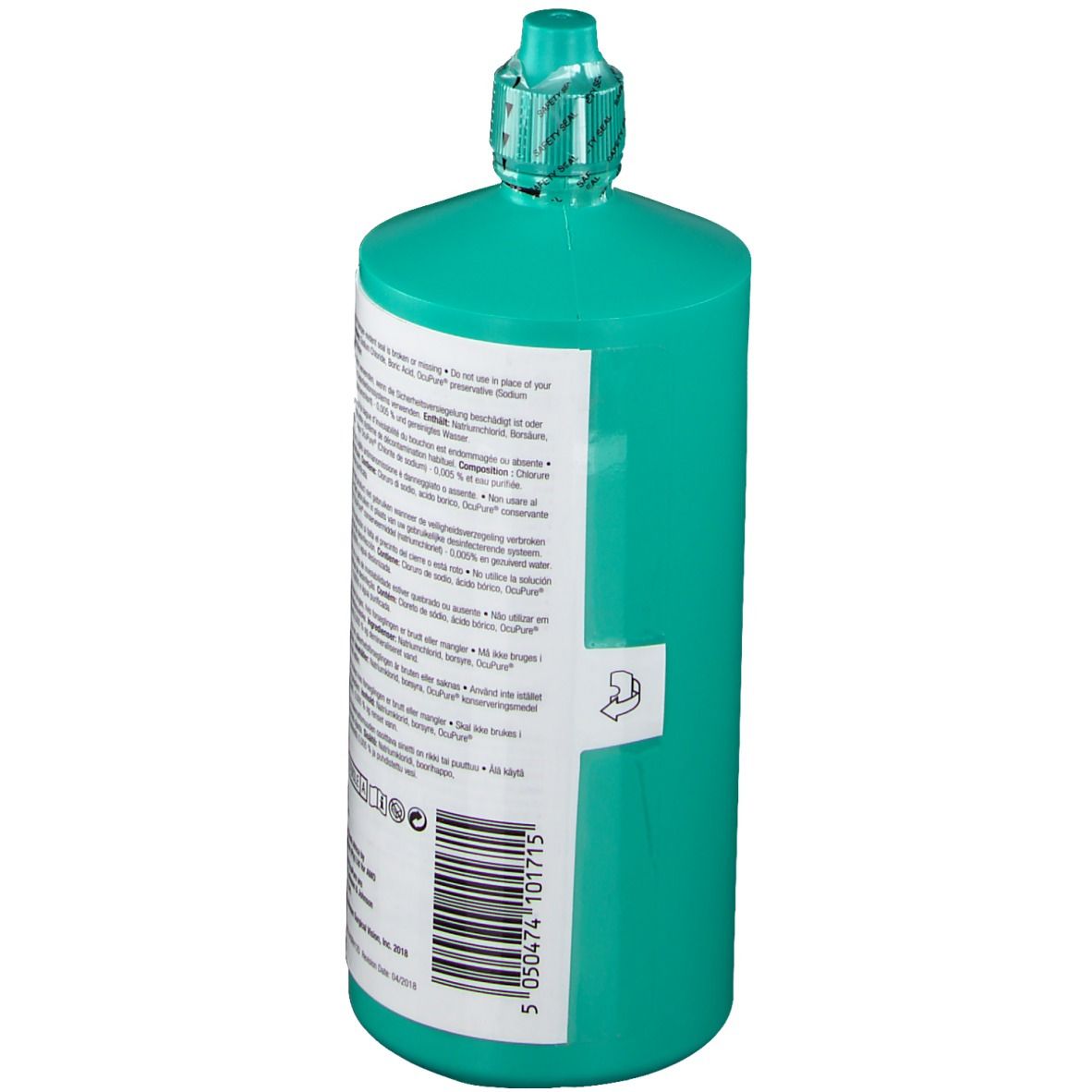 Grüne Flasche LENS PLUS OcuPure. Etikett mit Text und Barcode. Flaschenseite mit Text.
