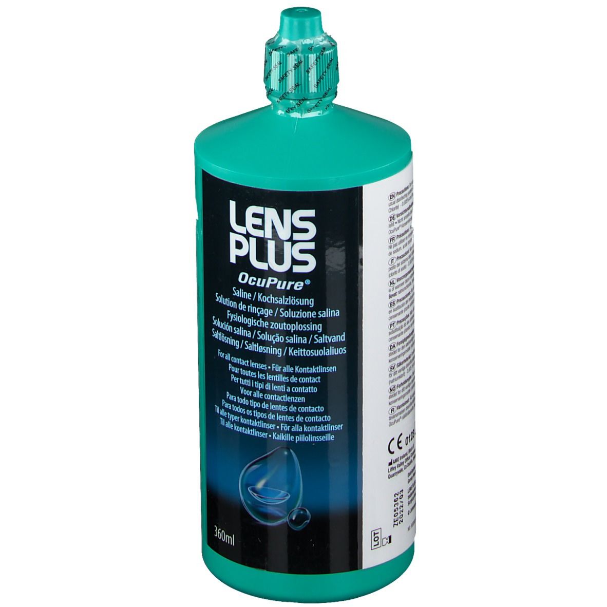 Grüne Flasche LENS PLUS OcuPure Kochsalzlösung. Aufschrift: Saline, 360ml. Mit grünem Verschluss.