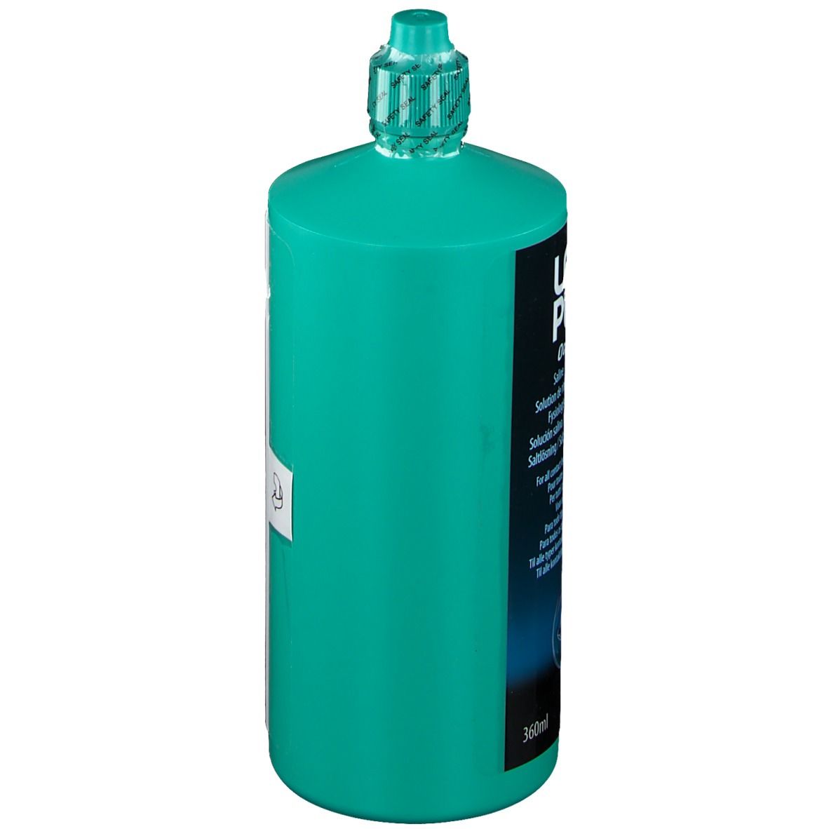Grüne Flasche LENS PLUS OcuPure. Aufschrift: Saline, 360ml. Flaschenseite mit Text.