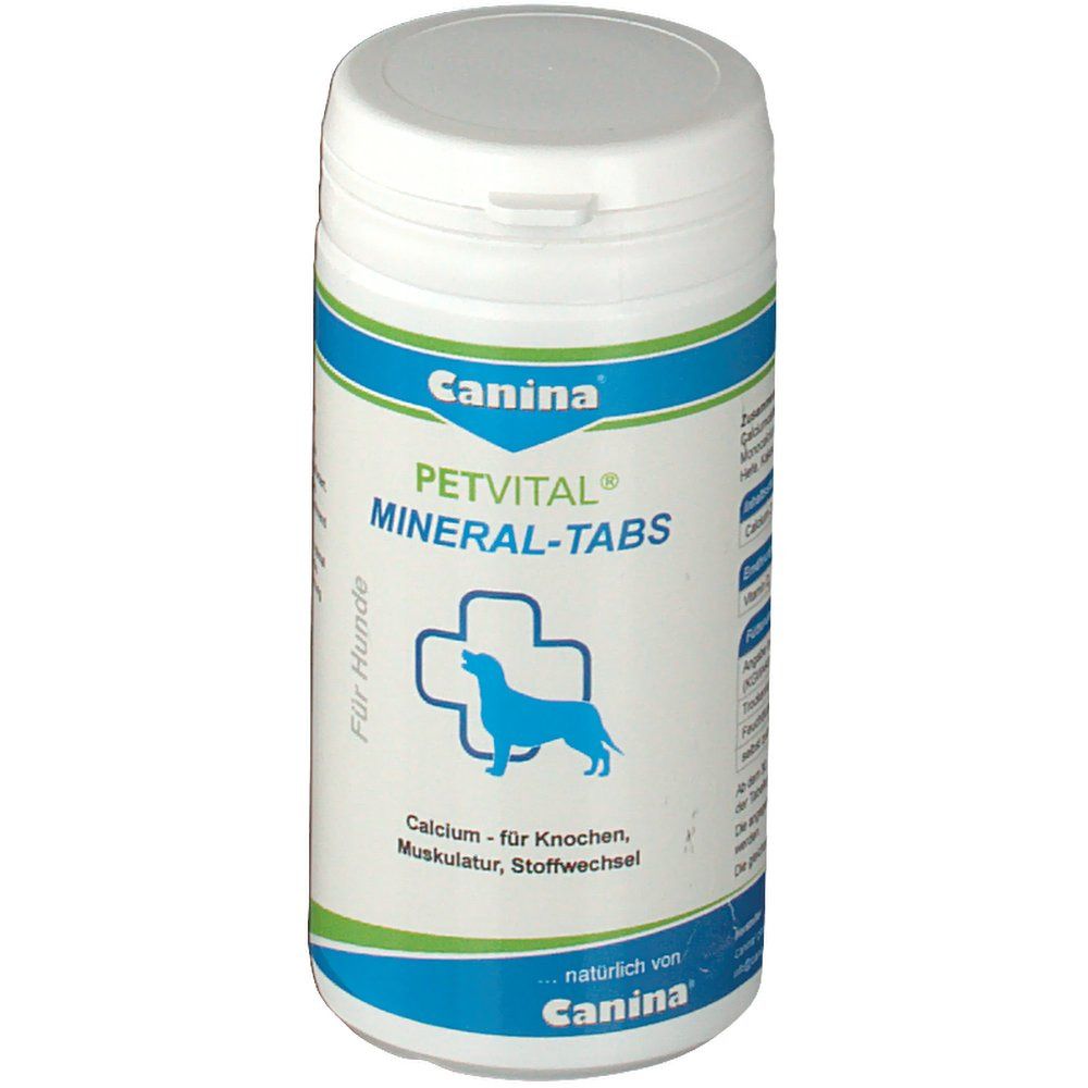 Weiße Dose mit blau-grüner Banderole. Aufschrift: Canina PETVITAL MINERAL-TABS. Logo: Hund im Kreuz.