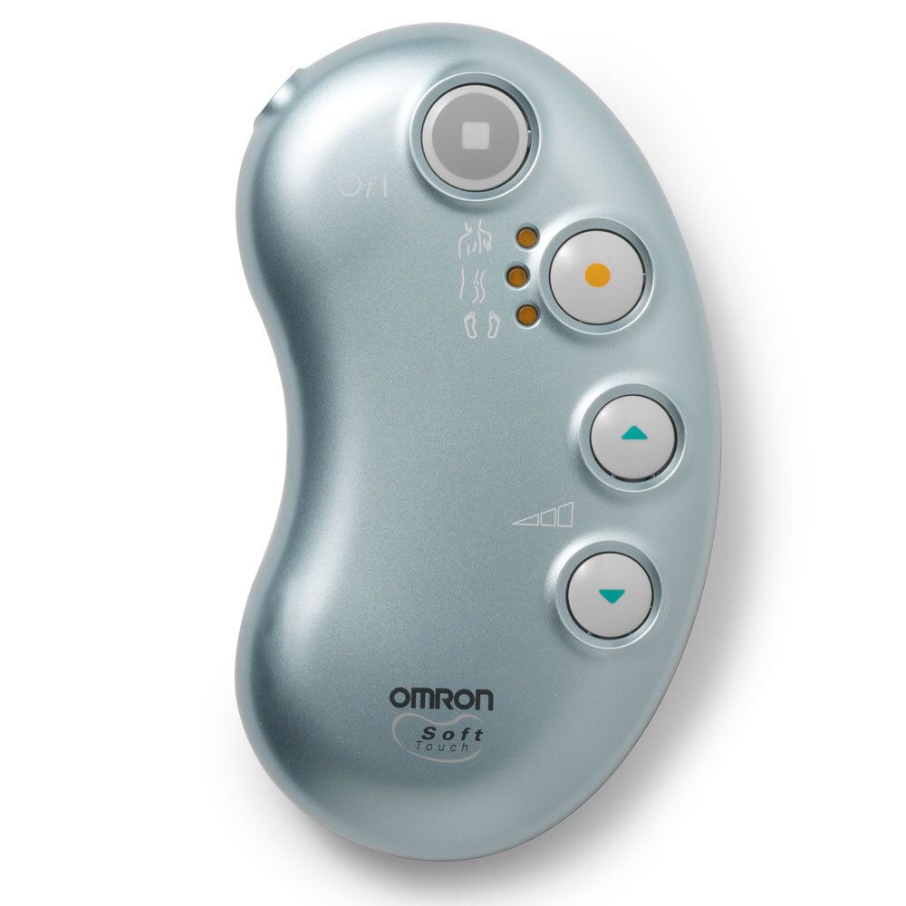 Hellblaues, ovales Gerät mit Knöpfen. Oben: Stopp-Knopf. Darunter: drei orangefarbene Punkte. Unten: Pfeil-Tasten und Lautstärkeregler. Schriftzug: OMRON Soft Touch.
