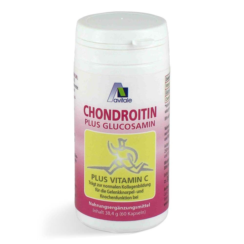 Weiße Dose mit Avitale Chondroitin + Glucosamin. Aufschrift und Abbildung einer Person. Rosa und gelbe Akzente.