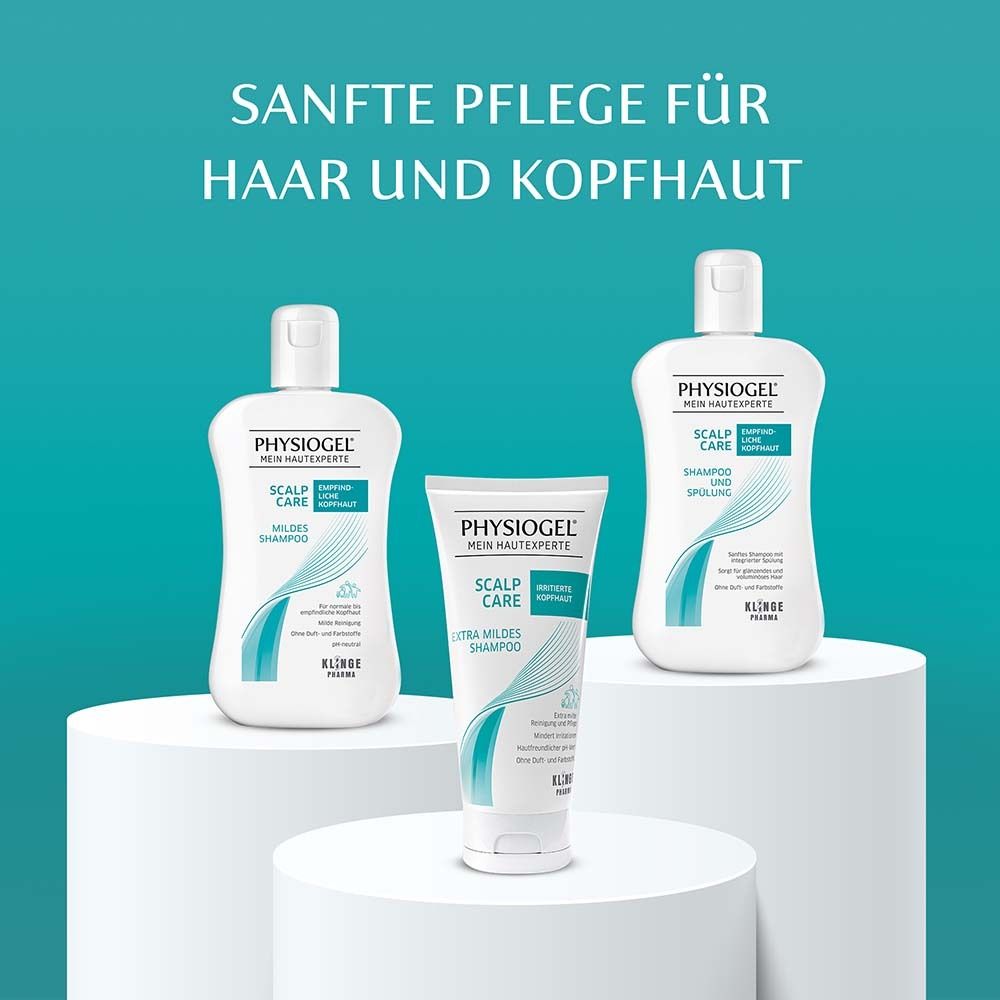 Drei Produkte: PHYSIOGEL® Mildes Shampoo, Spülung und Ultra Mildes Shampoo. Sanfte Pflege für Haar und Kopfhaut.
