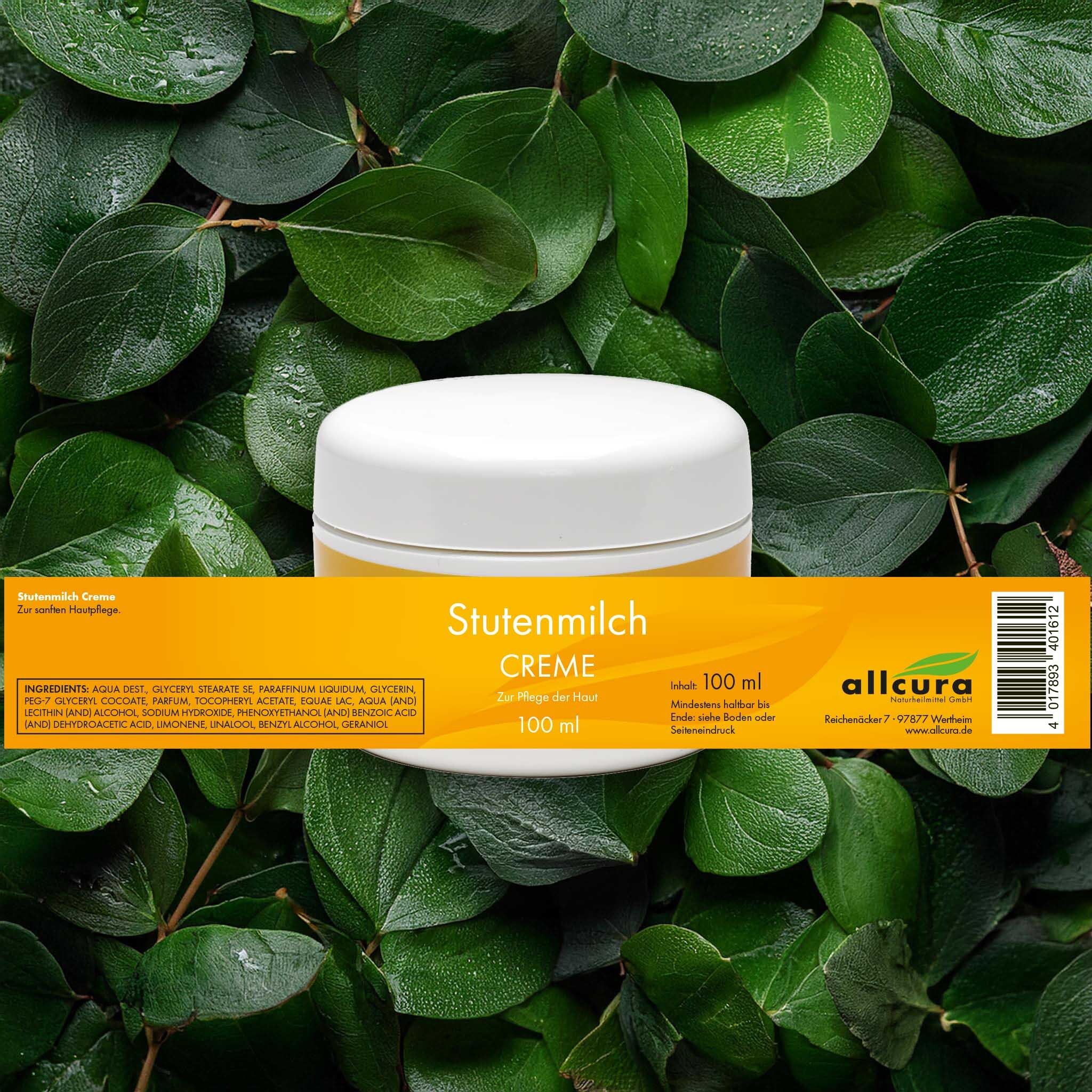 Weiße Dose Stutenmilch Creme, umgeben von grünen Blättern. Auf dem Etikett: 100 ml. Inhaltsstoffe. Marke: allcura.