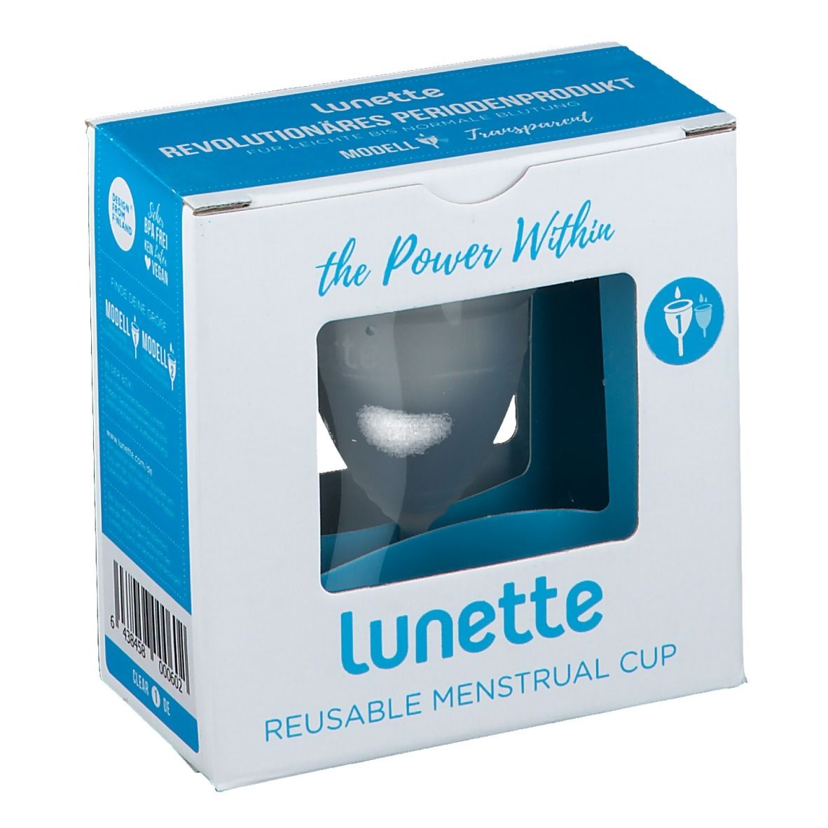 Verpackung mit Menstruationstasse. Marke: Lunette. Text: REVOLUTIONÄRES PERIODENPRODUKT. Modell transparent.