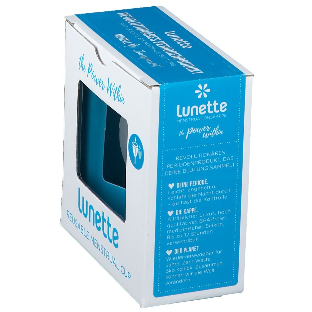 Verpackung mit Menstruationstasse. Marke: Lunette. Text: REVOLUTIONÄRES PERIODENPRODUKT. Blaue Verpackung.