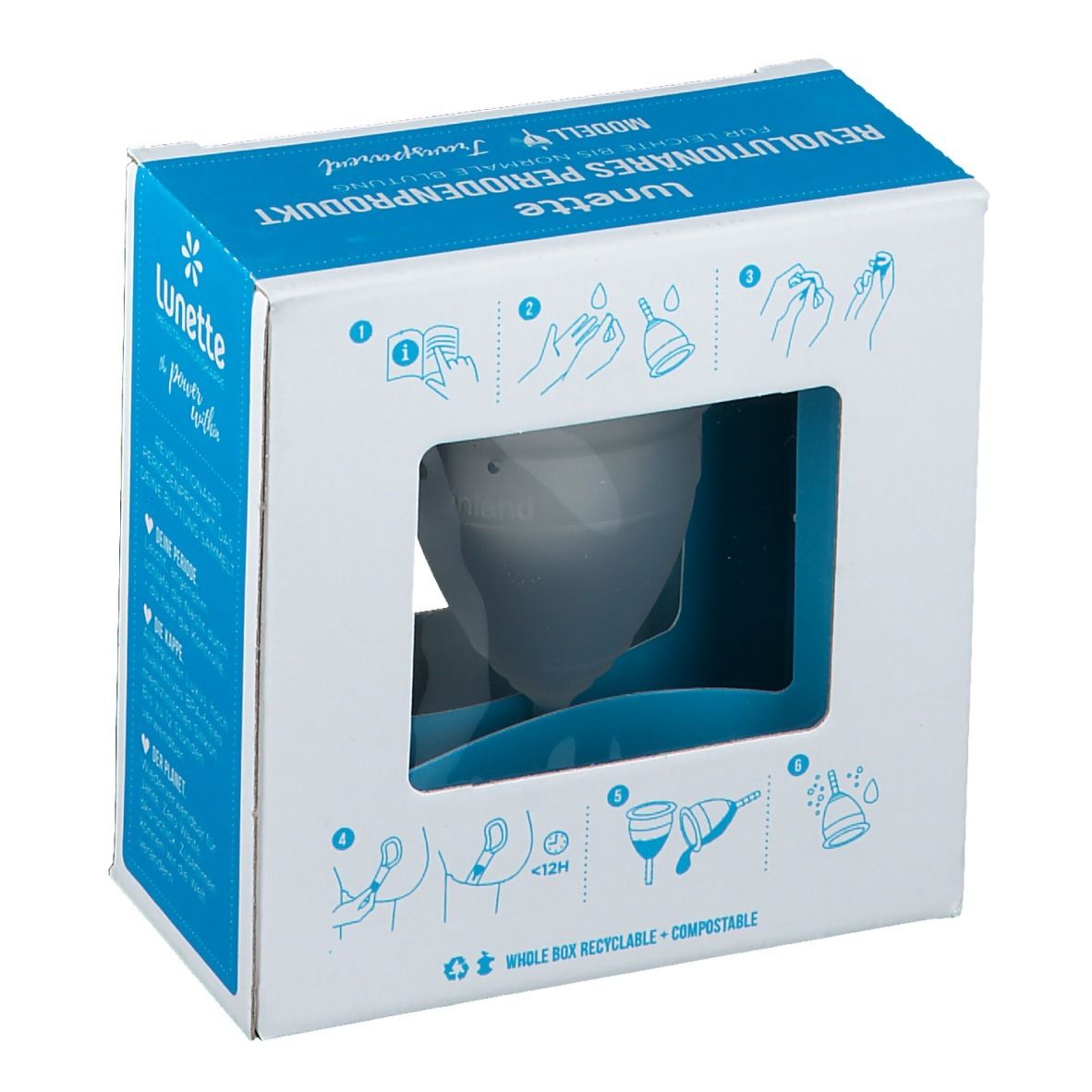 Verpackung mit Menstruationstasse. Marke: Lunette. Text: REVOLUTIONÄRES PERIODENPRODUKT. Illustrationen.