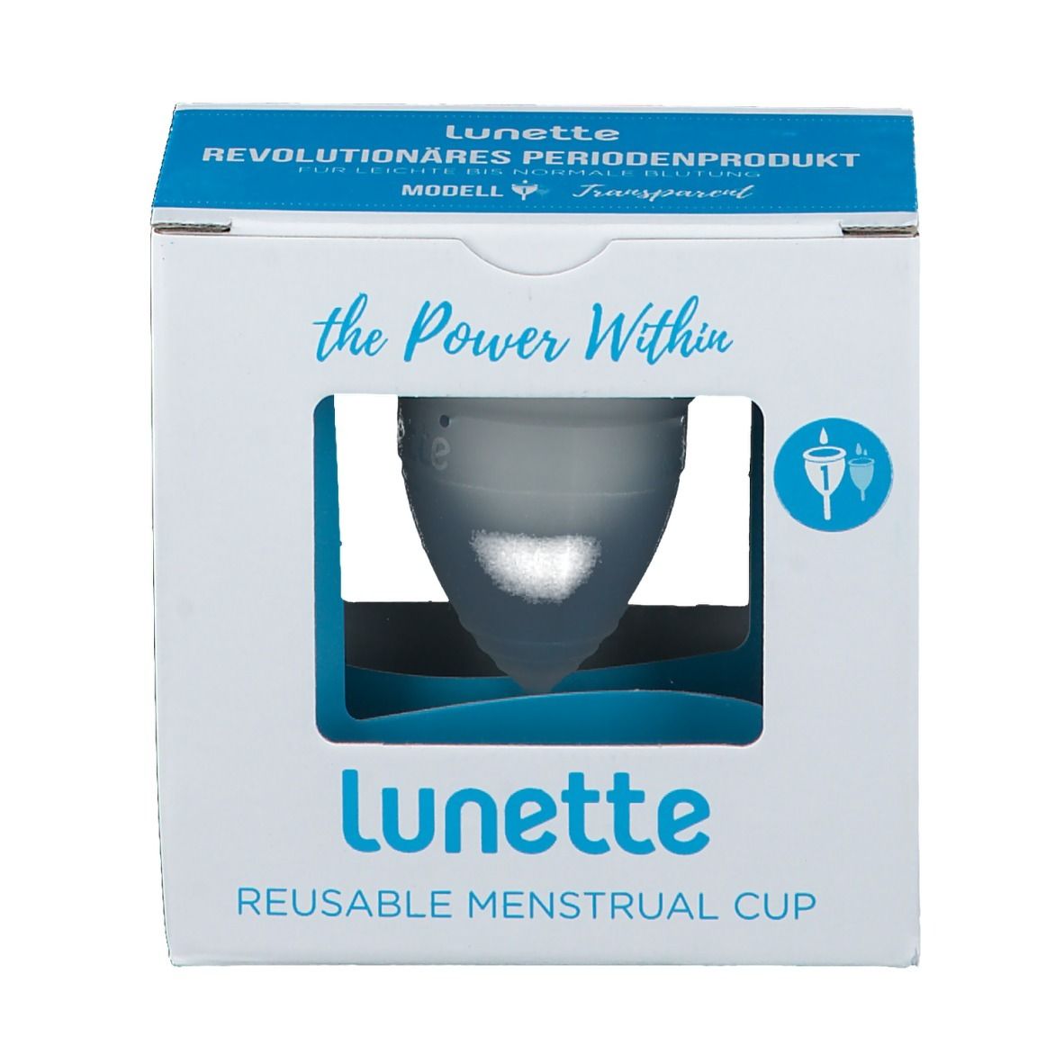 Verpackung mit Menstruationstasse. Marke: Lunette. Text: REUSABLE MENSTRUAL CUP. Transparentes Modell.