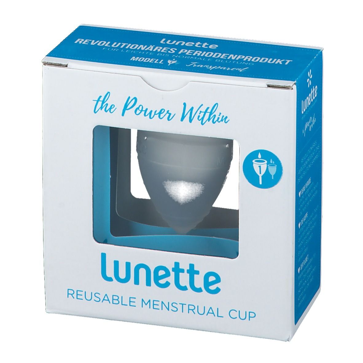 Verpackung mit Menstruationstasse. Marke: Lunette. Text: REUSABLE MENSTRUAL CUP. Transparentes Modell.