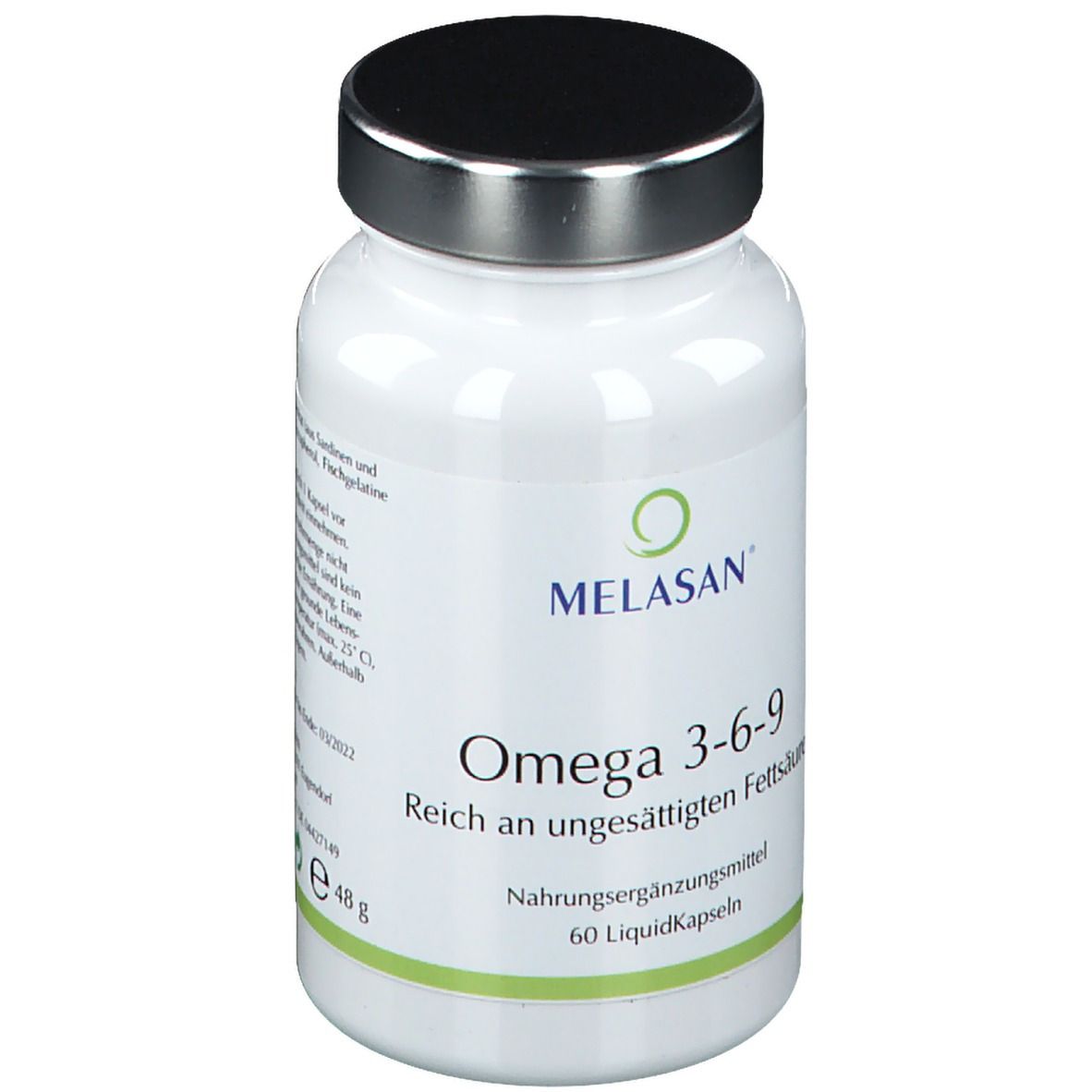 Weiße Flasche mit schwarzem Deckel. Aufschrift: MELASAN, Omega 3-6-9, Nahrungsergänzungsmittel. 60 LiquidKapseln, 48g.