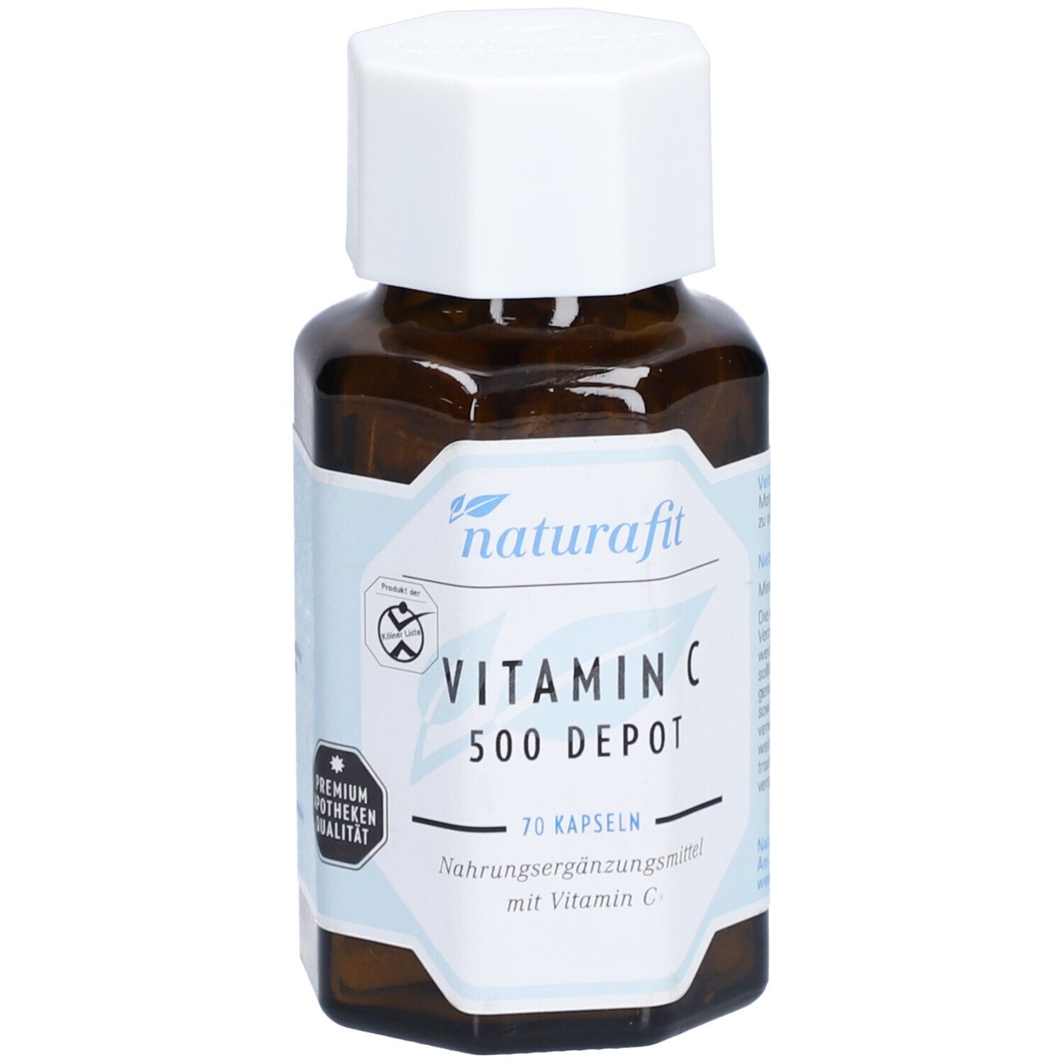 Braune Glasflasche mit weißem Deckel. Aufschrift: naturafit Vitamin C 500 Depot, 70 Kapseln. Premium Apotheken Qualität.