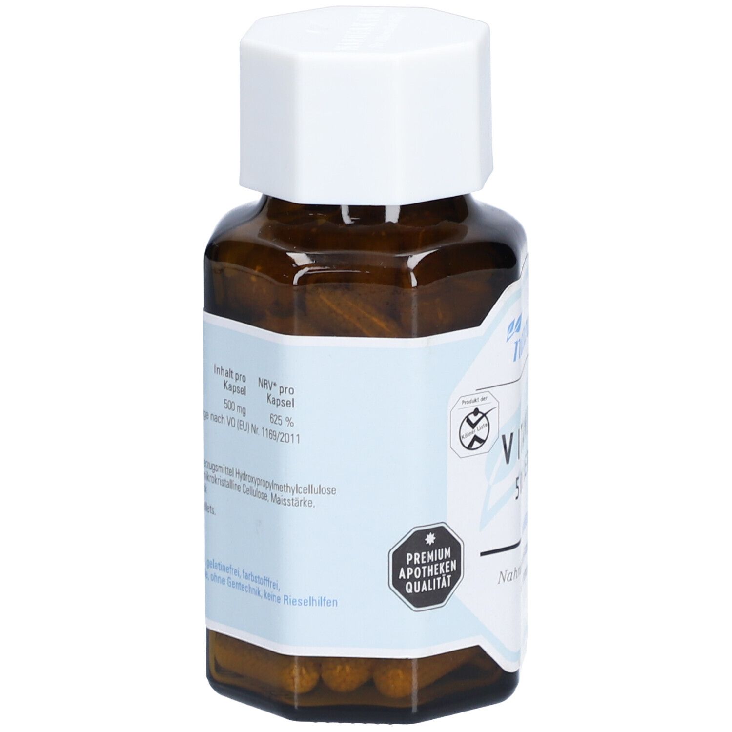 Rückseite einer braunen Glasflasche mit weißem Deckel. Aufschrift: naturafit Vitamin C 500 Depot. Informationen zu Inhaltsstoffen und Nährwerten.